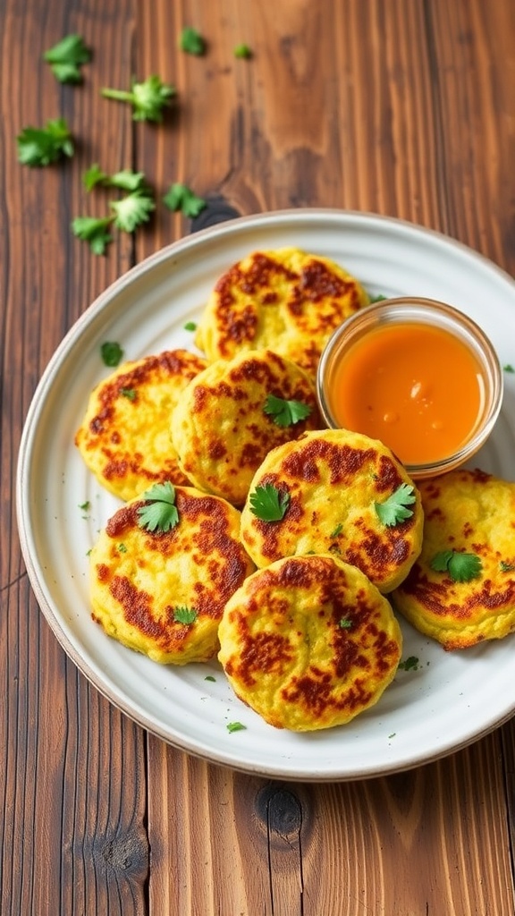 Crispy air fryer zucchini patties on a plate with herbs and dipping sauce.